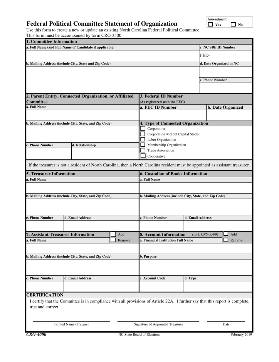 Form CRO-4000 Federal Political Committee Statement of Organization - North Carolina, Page 1