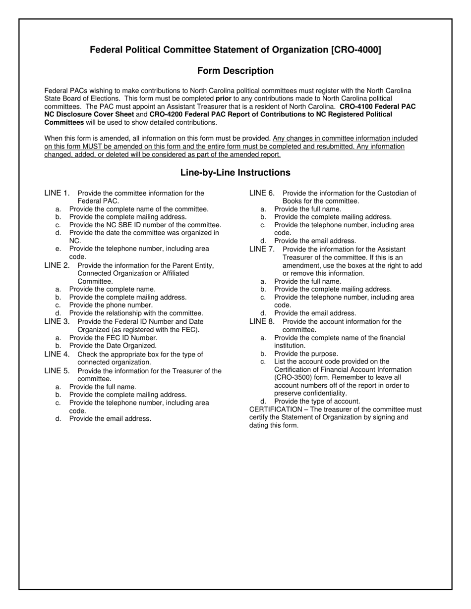 Instructions for Form CRO-4000 Federal Political Committee Statement of Organization - North Carolina, Page 1