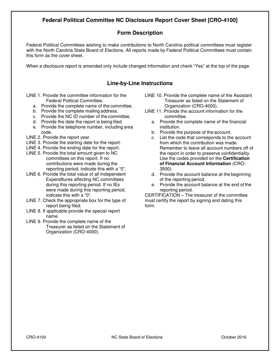 Instructions for Form CRO-4100 Federal Political Committee Nc Disclosure Report Cover - North Carolina, Page 1