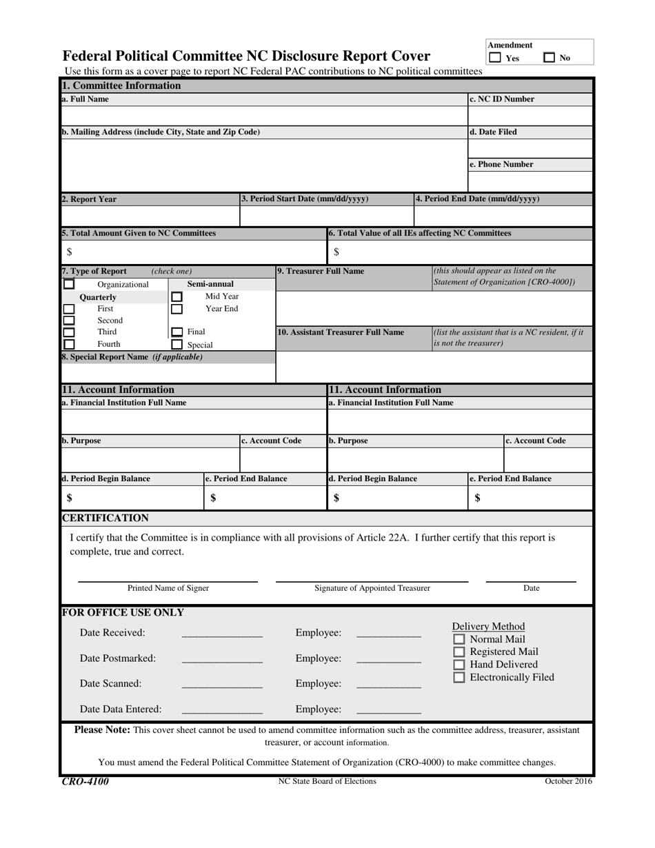 Form CRO-4100 Federal Political Committee Nc Disclosure Report Cover - North Carolina, Page 1