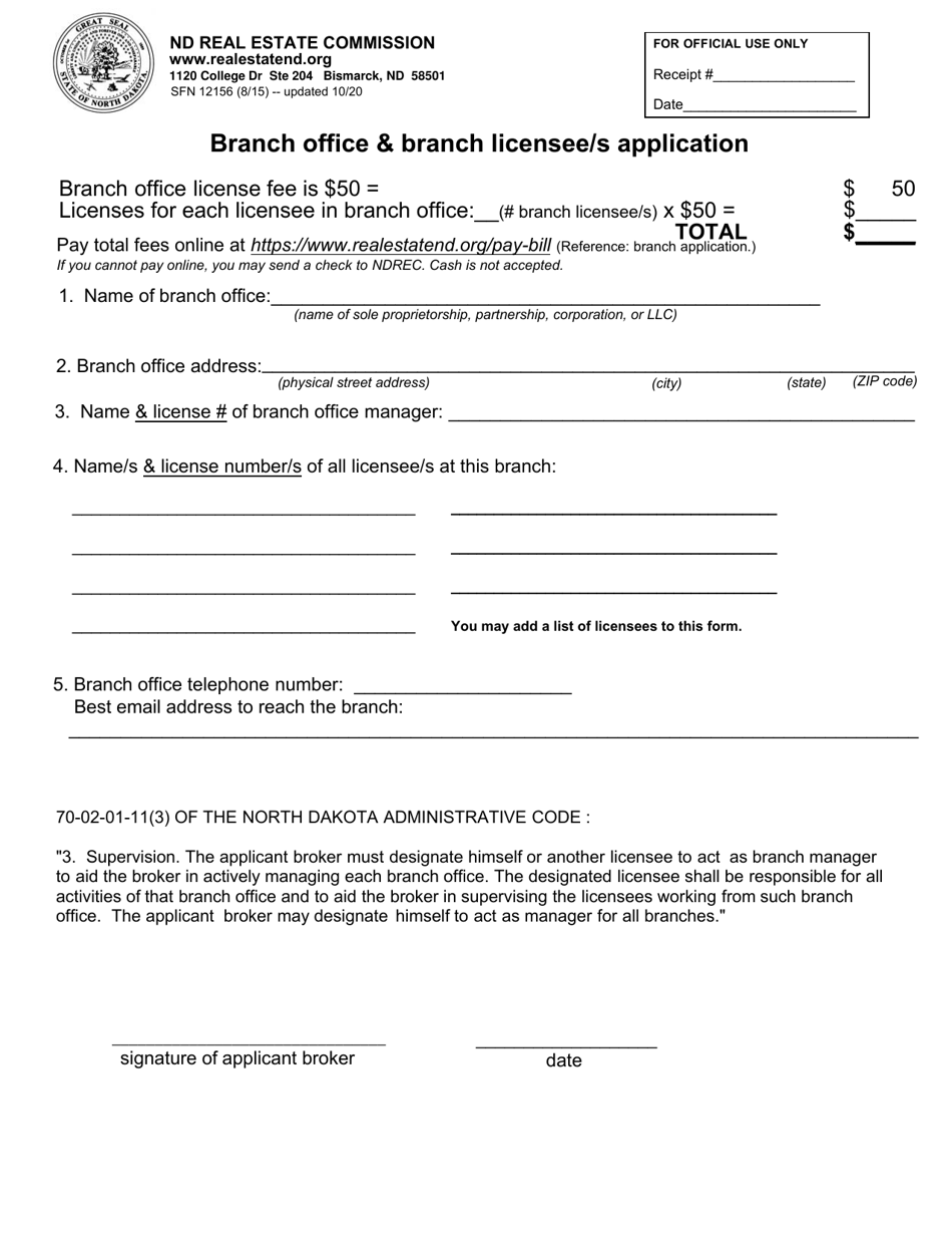 Form SFN12156 Branch Office  Branch Licensee / S Application - North Dakota, Page 1