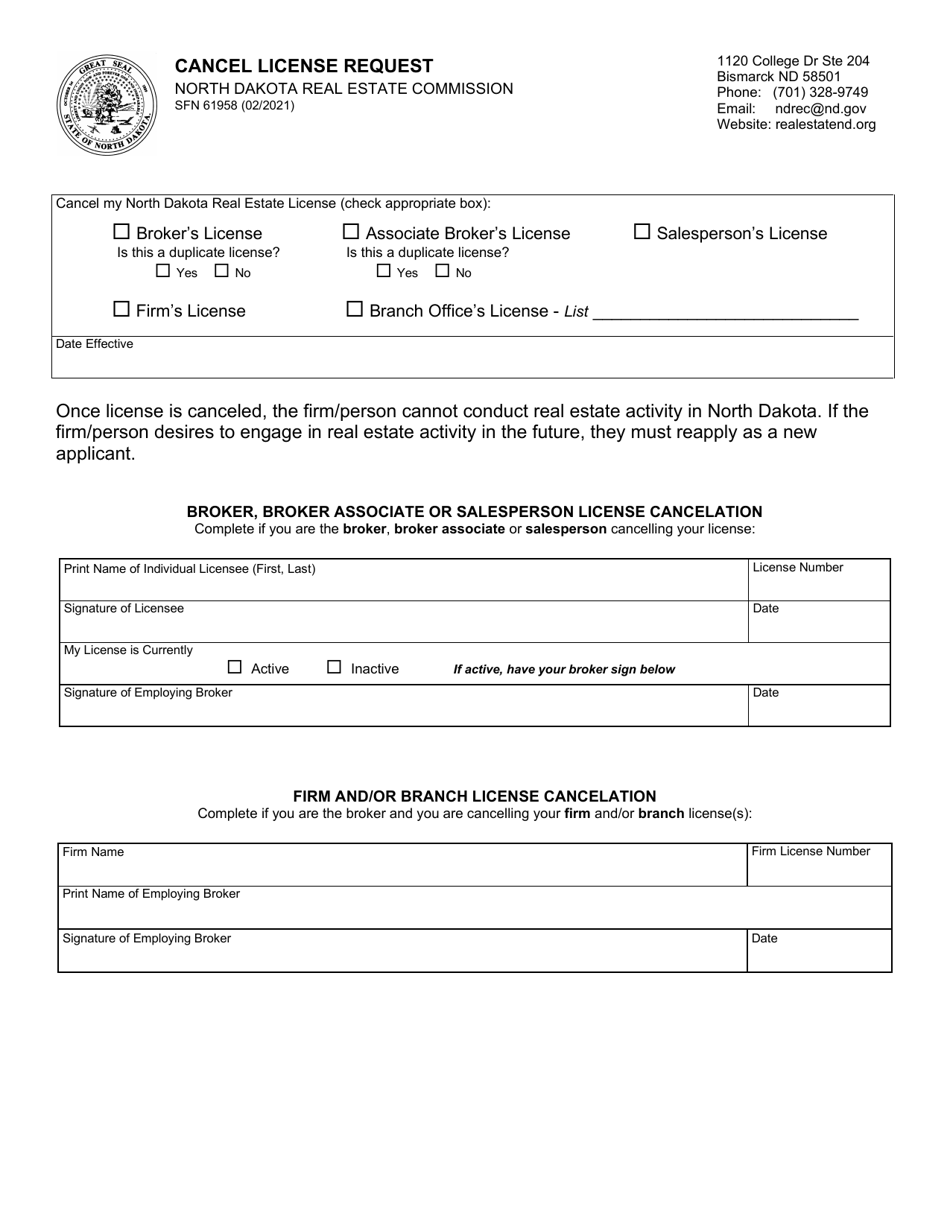 Form SFN61958 Cancel License Request - North Dakota, Page 1