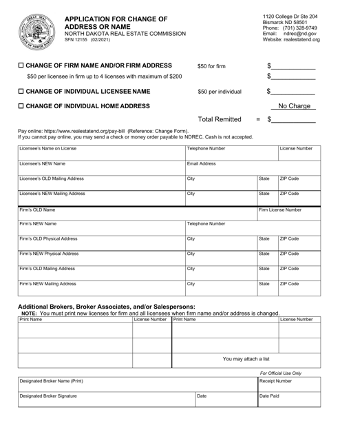 Form SFN12155 Application for Change of Address or Name - North Dakota