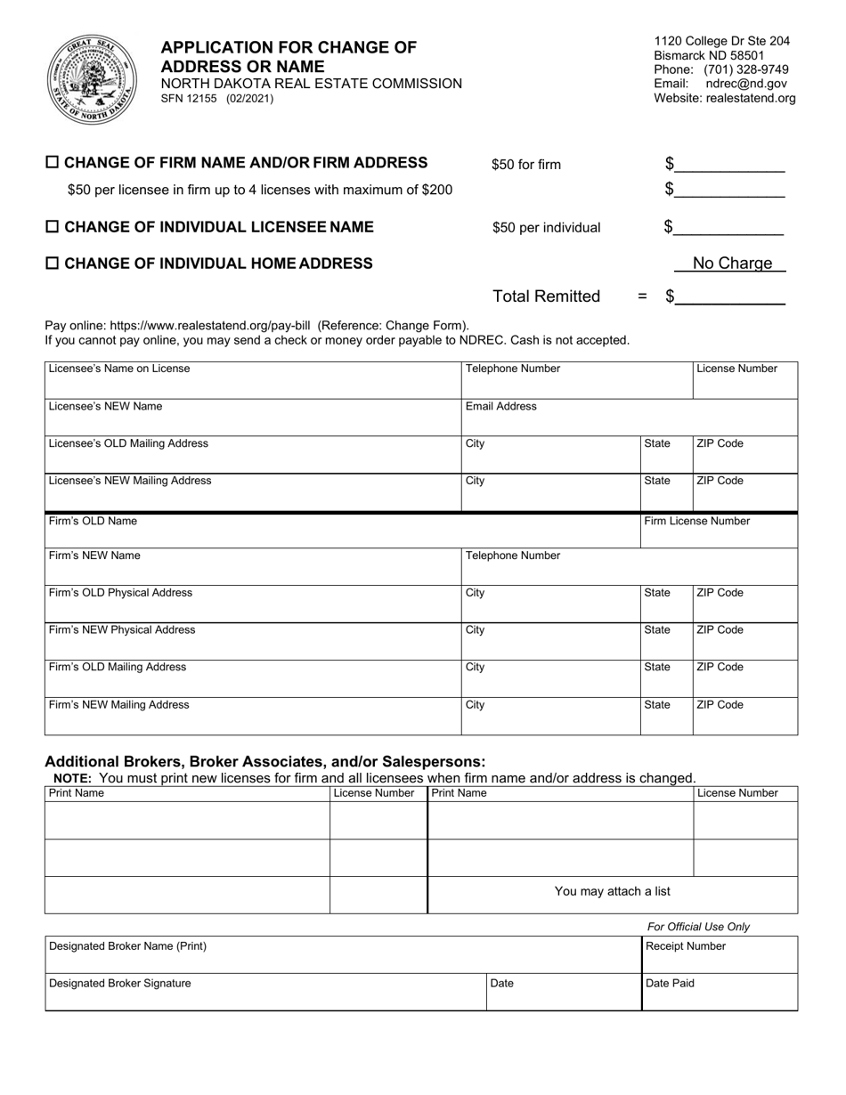 Form SFN12155 Application for Change of Address or Name - North Dakota, Page 1