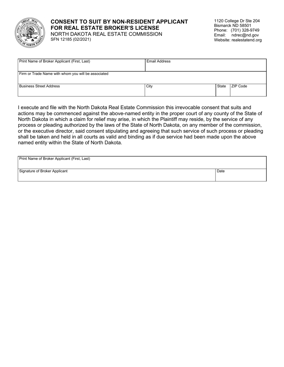 Form SFN12185 Fill Out, Sign Online and Download Fillable PDF, North
