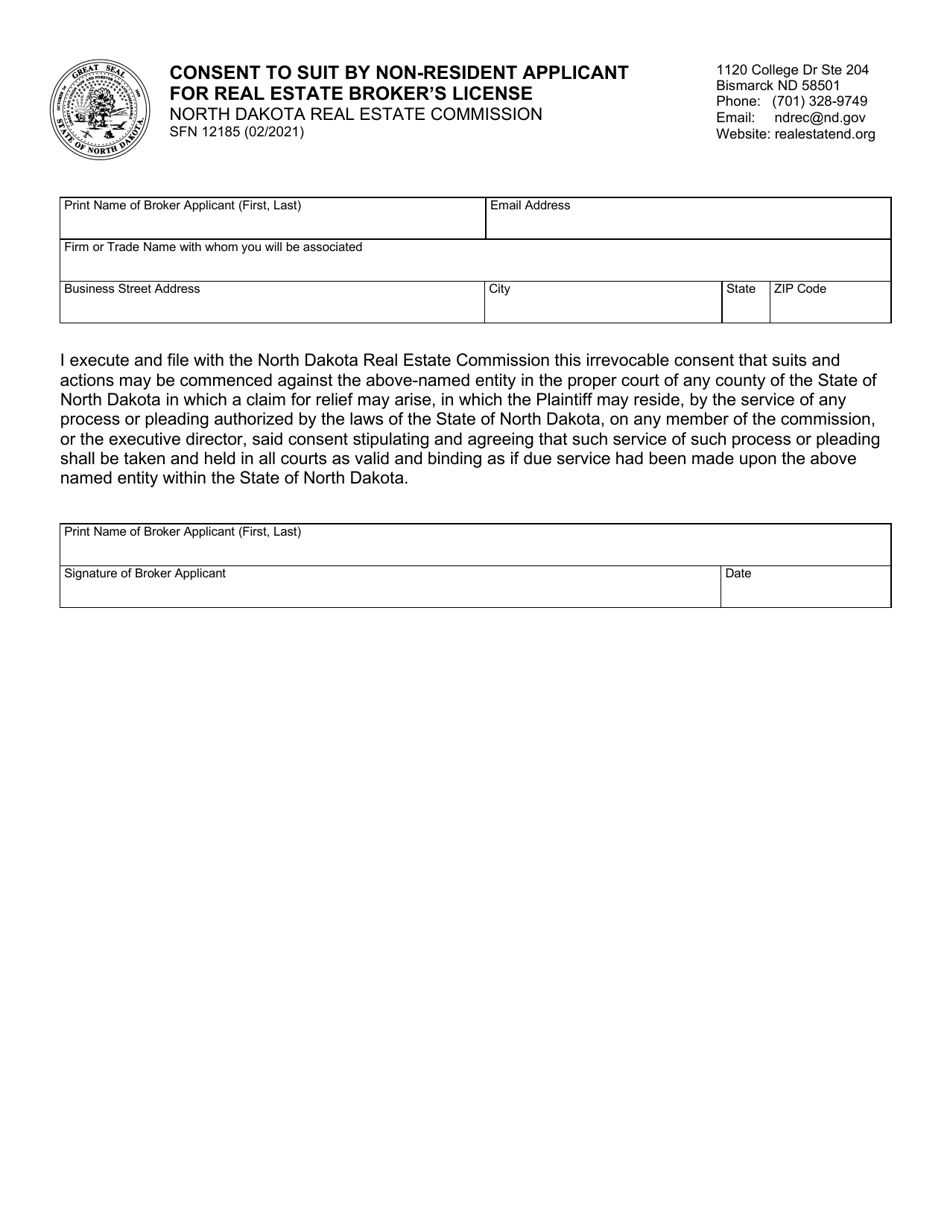 Form SFN12185 Consent to Suit by Non-resident Applicant for Real Estate Brokers License - North Dakota, Page 1
