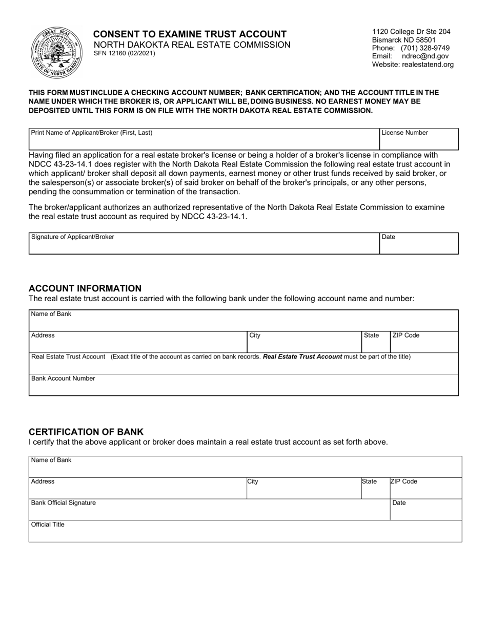 Form SFN12160 Consent to Examine Trust Account - North Dakota, Page 1