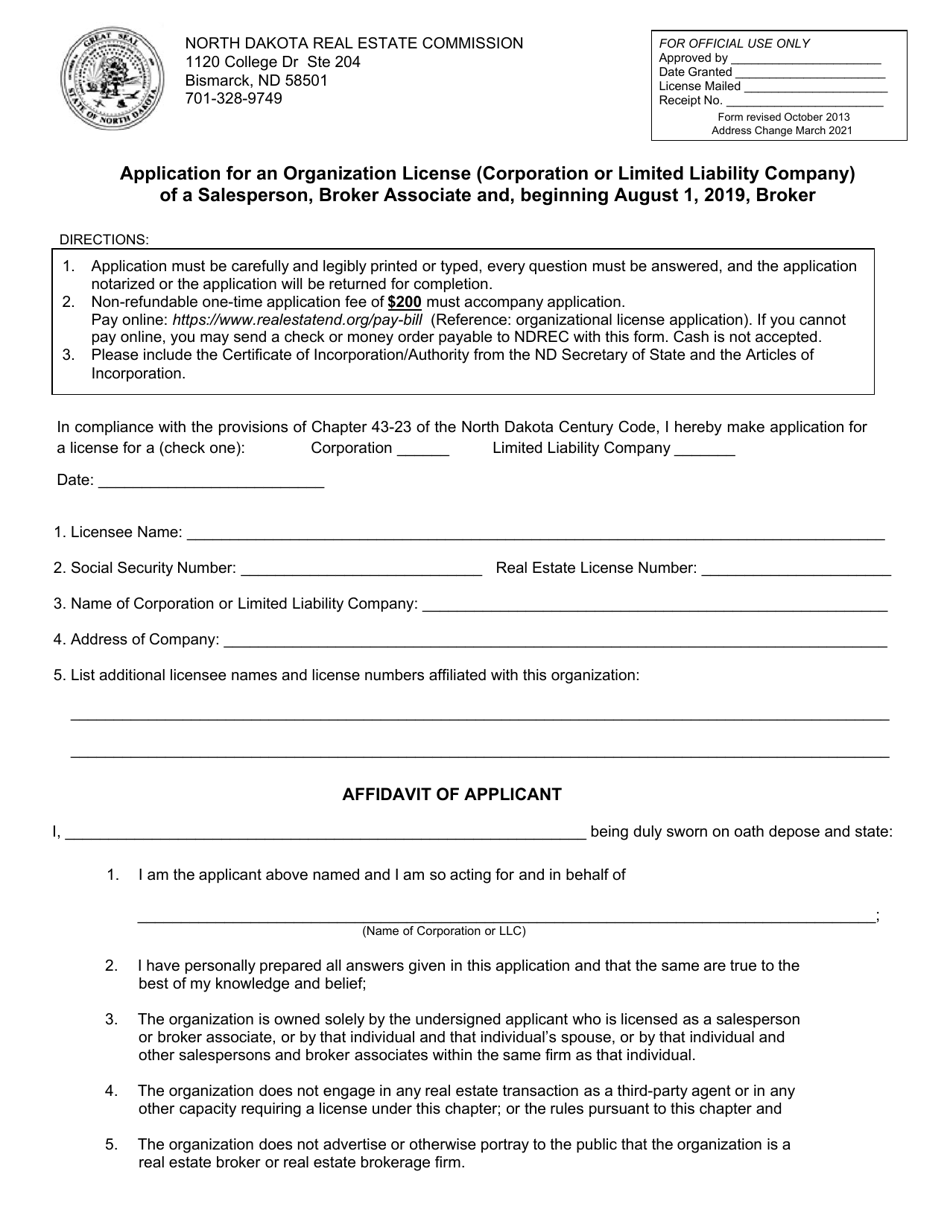 Application for an Organization License (Corporation or Limited Liability Company) of a Salesperson, Broker Associate and, Beginning August 1, 2019, Broker - North Dakota, Page 1