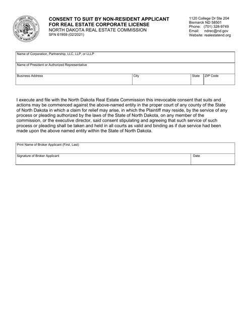 Form SFN61959 Consent to Suit by Non-resident Applicant for Real Estate Corporate License - North Dakota