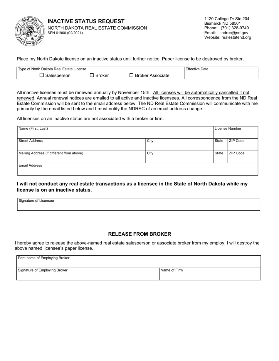 Form SFN61960 Inactive Status Request - North Dakota, Page 1