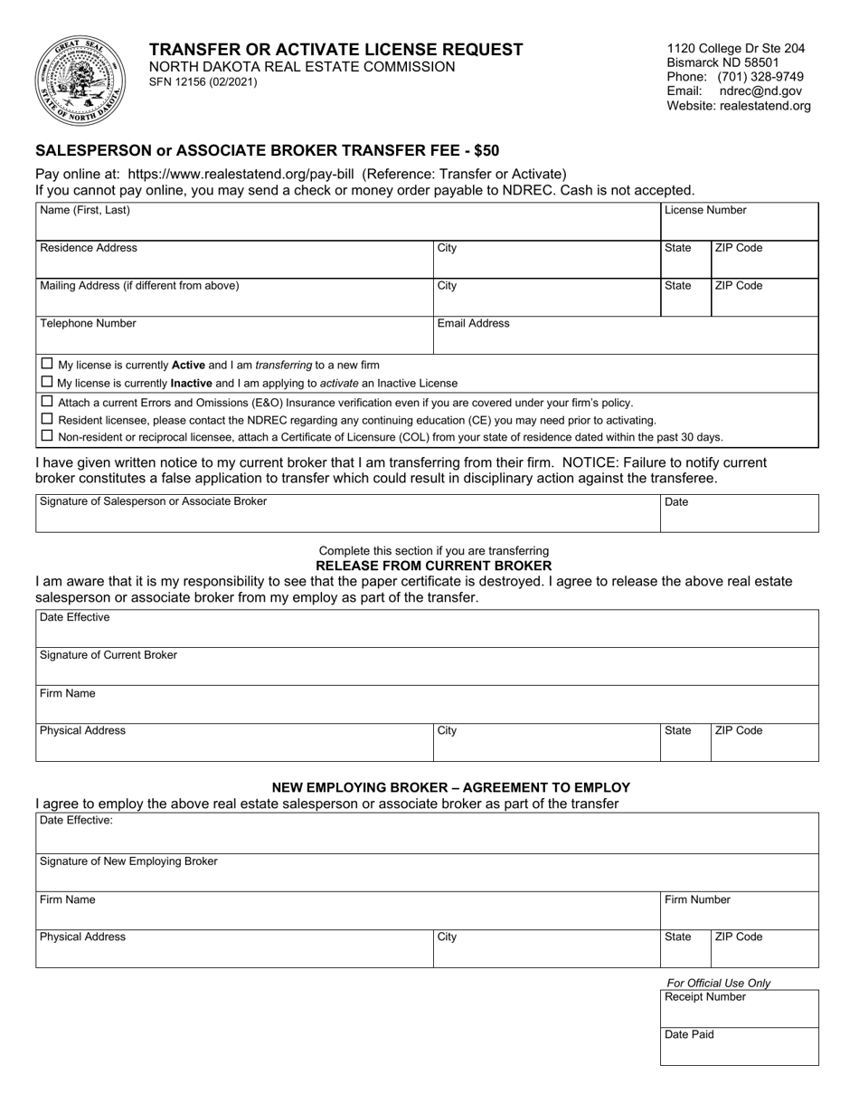 Form SFN12156 Transfer or Activate License Request - North Dakota, Page 1