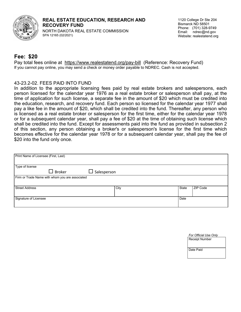 Form SFN12165 Real Estate Education, Research and Recovery Fund - North Dakota, Page 1