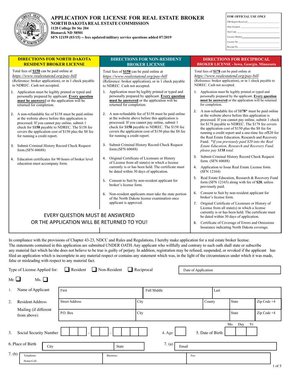 Form SFN12159 Fill Out, Sign Online and Download Printable PDF, North