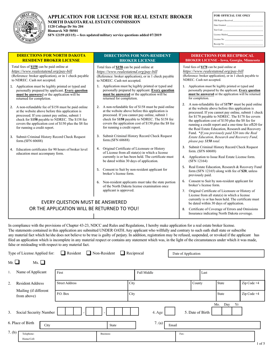 Form SFN12159 Application for License for Real Estate Broker - North Dakota, Page 1