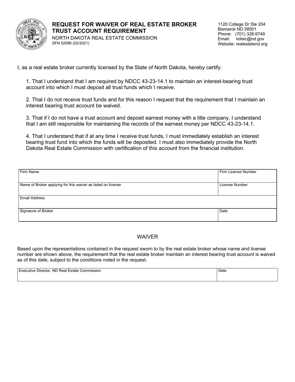 Form SFN52086 Request for Waiver of Real Estate Broker Trust Account Requirement - North Dakota, Page 1