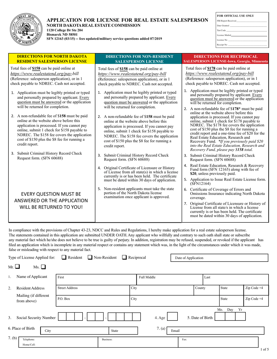 Form SFN12163 Application for License for Real Estate Salesperson - North Dakota, Page 1