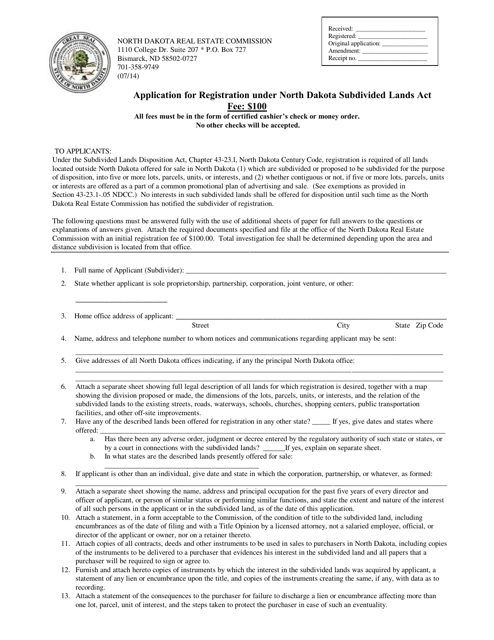 Application for Registration Under North Dakota Subdivided Lands Act - North Dakota Download Pdf