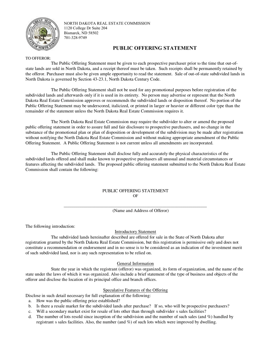 Public Offering Statement - North Dakota, Page 1