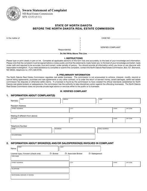 Form SFN12153 Sworn Statement of Complaint - North Dakota