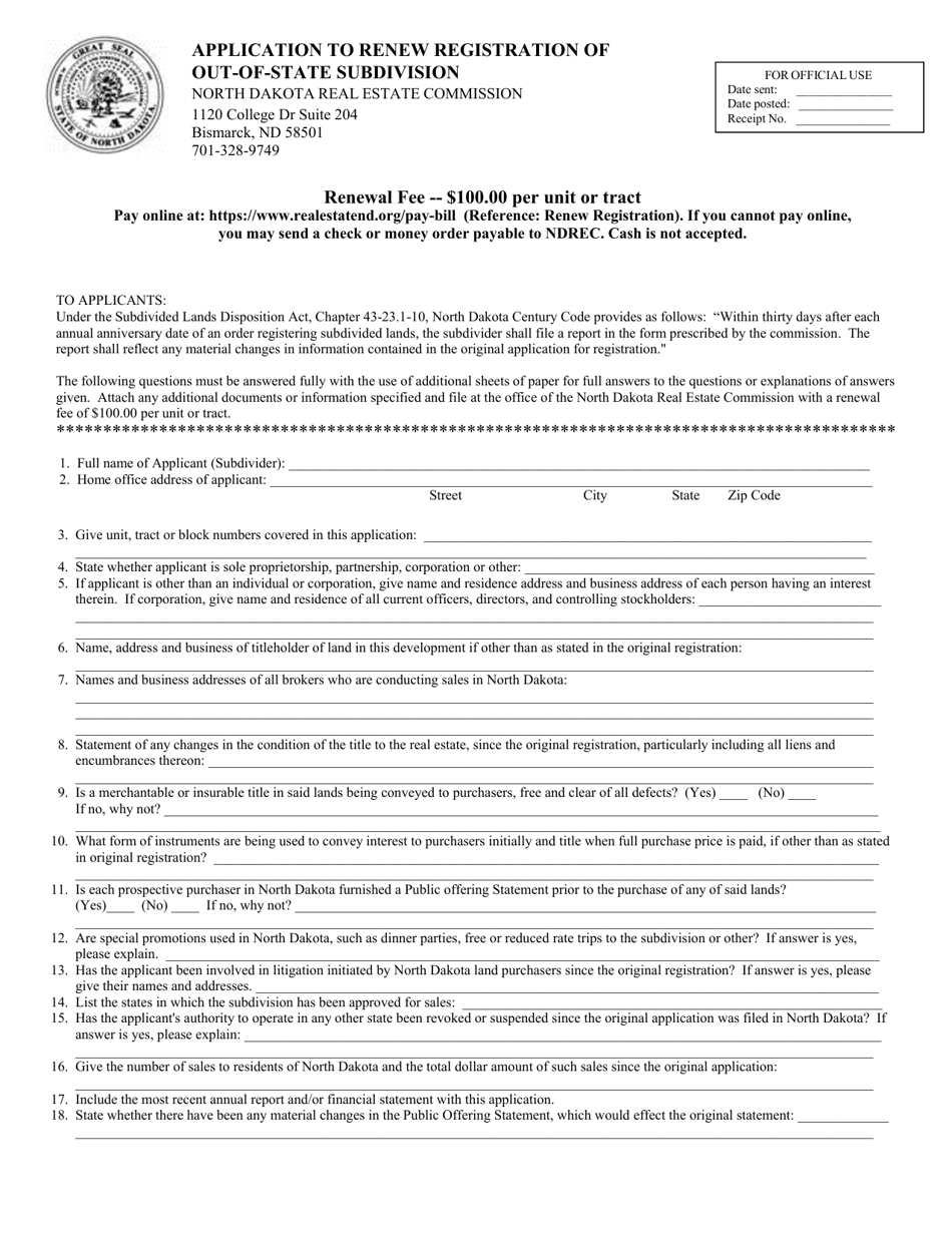 Application to Renew Registration of Out-of-State Subdivision - North Dakota, Page 1
