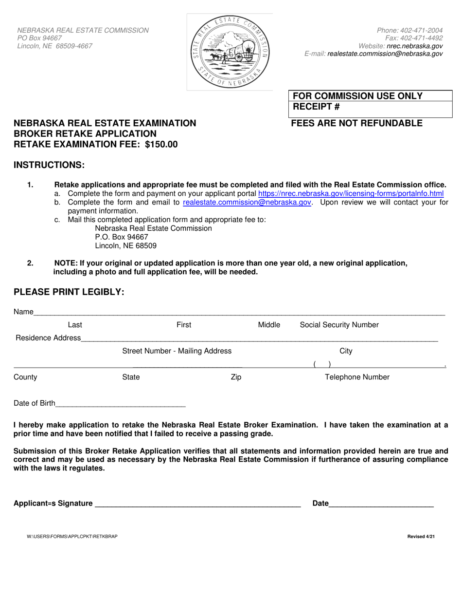 Nebraska Nebraska Real Estate Examination Broker Retake Application