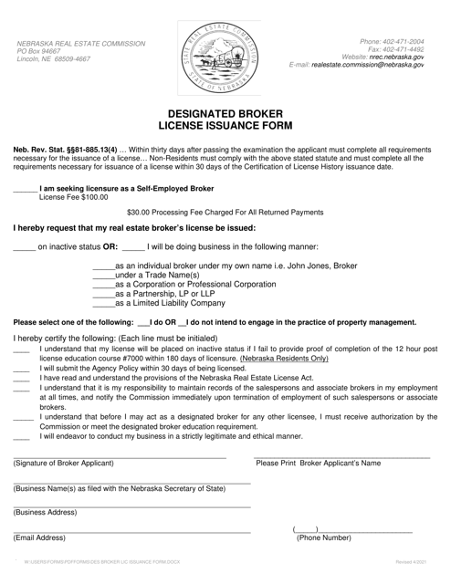Designated Broker License Issuance Form - Nebraska