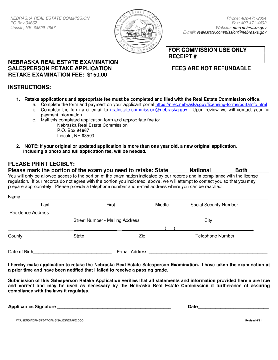 Nebraska Nebraska Real Estate Examination Salesperson Retake