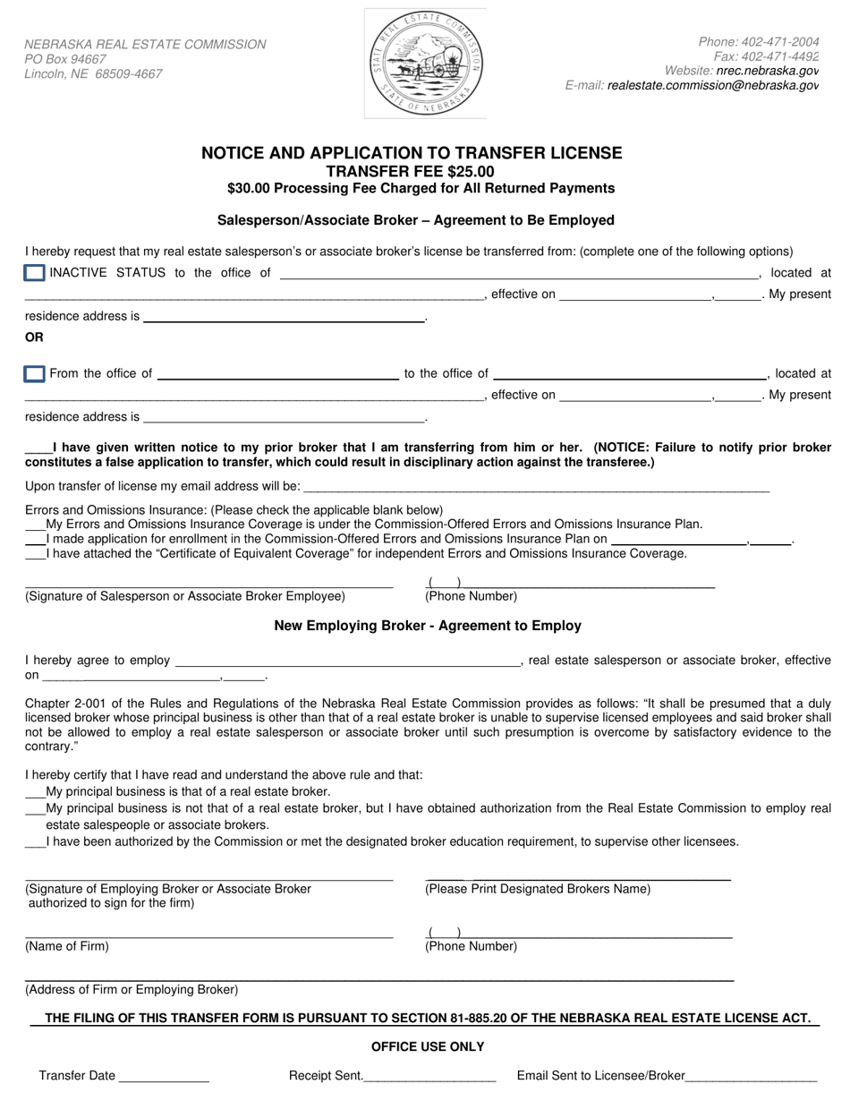 Notice and Application to Transfer License - Nebraska, Page 1