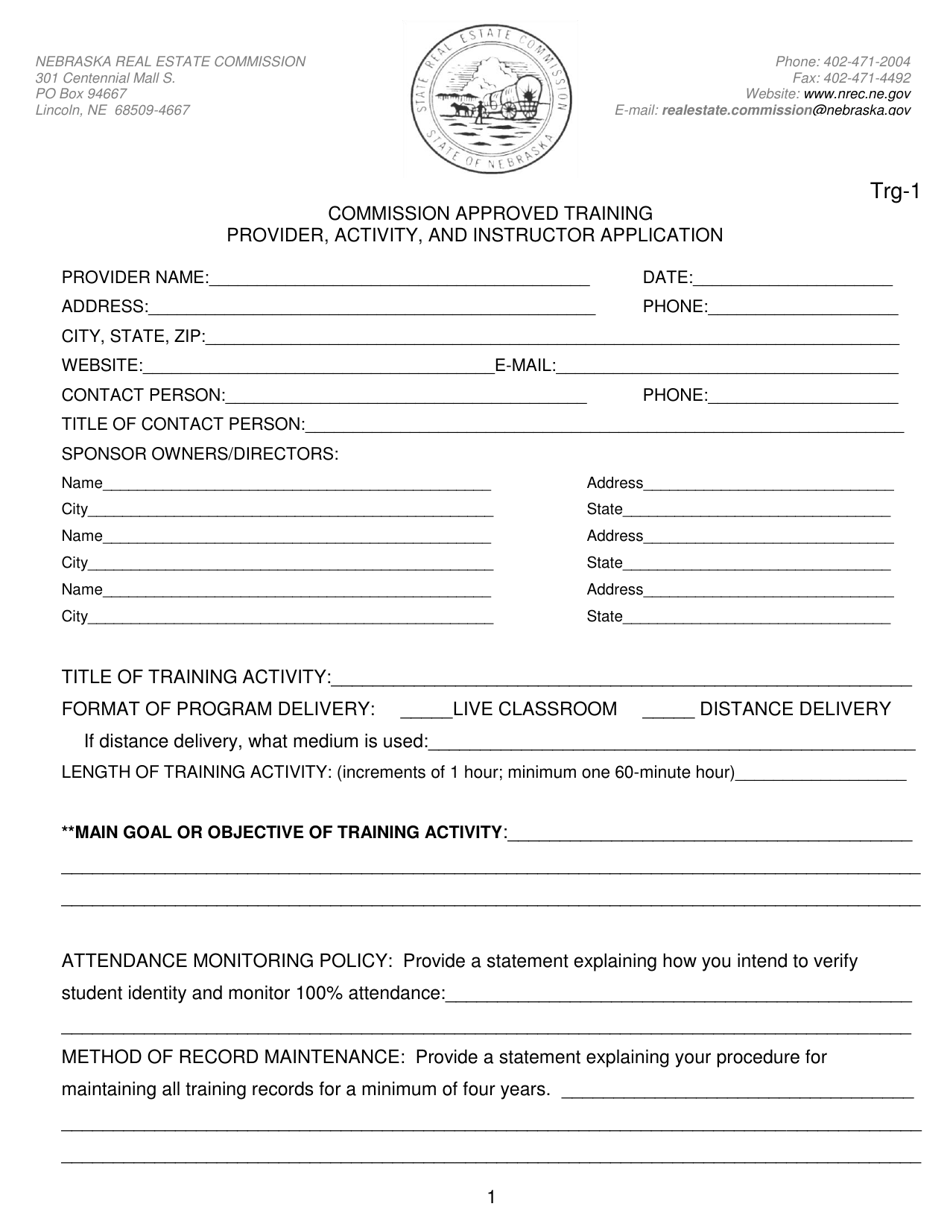 Form Trg-1 Commission Approved Training Provider, Activity, and Instructor Application - Nebraska, Page 1