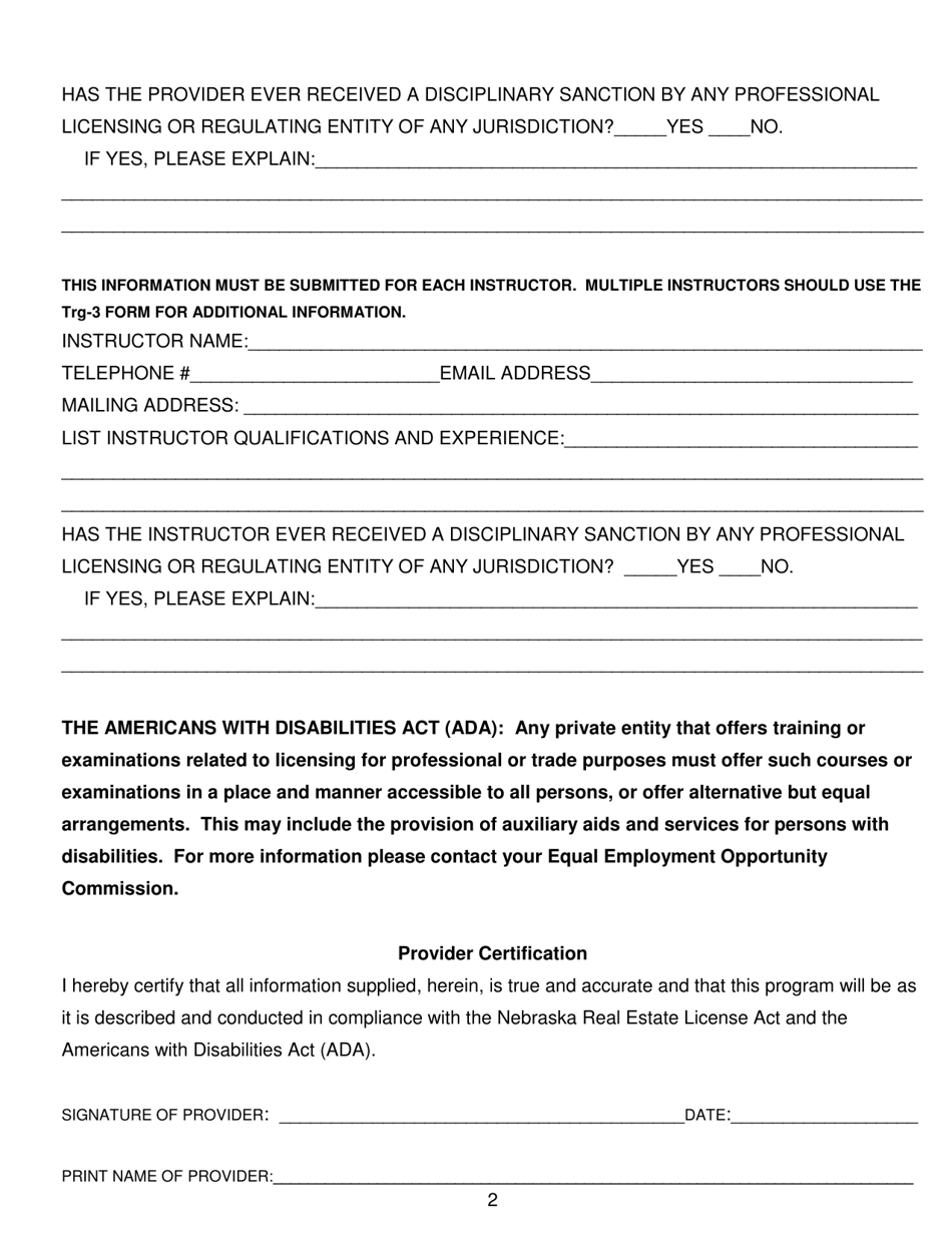 Form Trg-1 Commission Approved Training Provider, Activity, and Instructor Application - Nebraska, Page 2