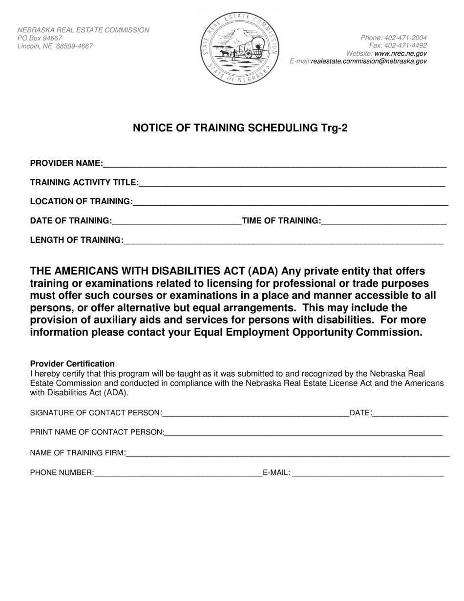 Form Trg-2 Notice of Training Scheduling - Nebraska, Page 1