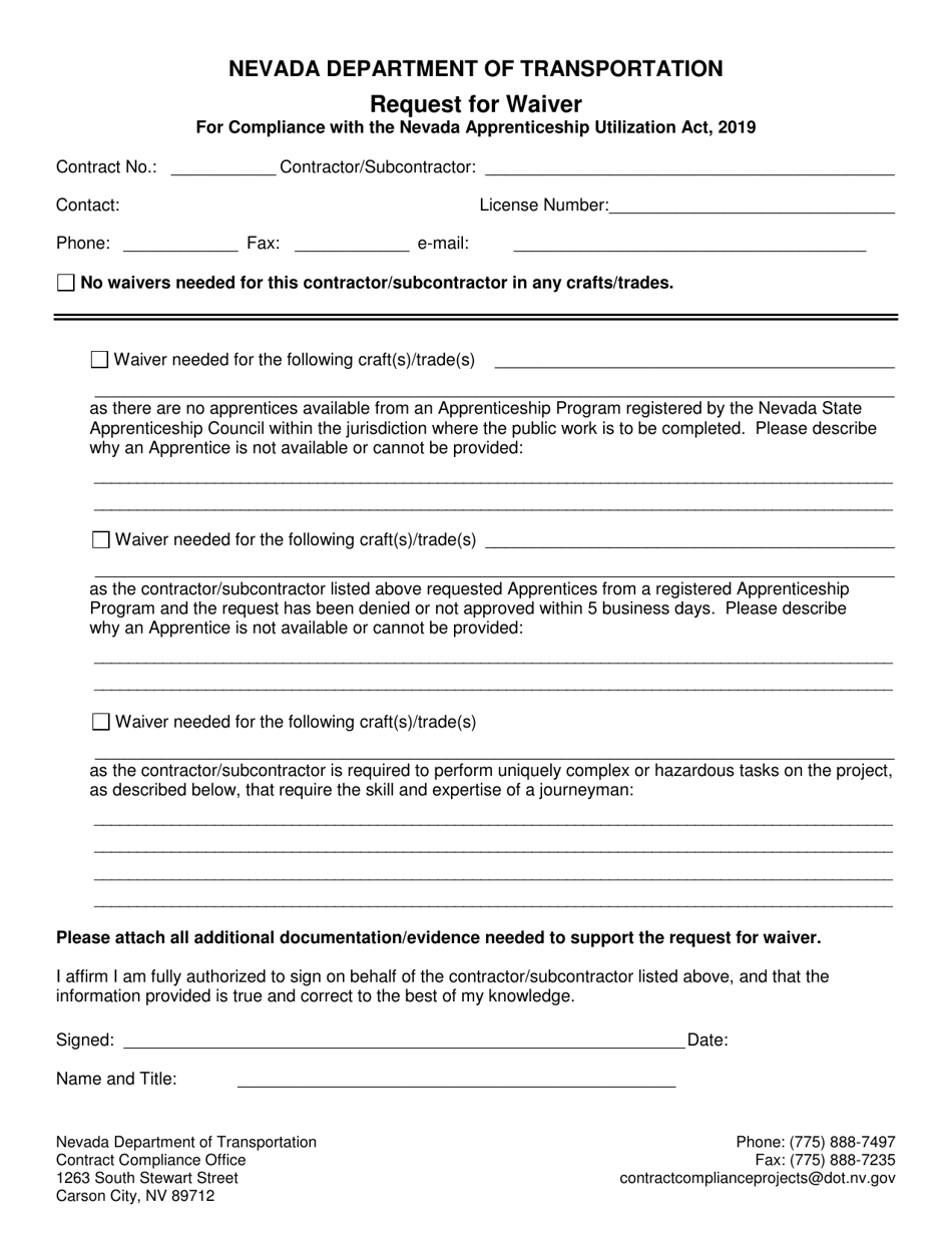 Request for Waiver for Compliance With the Nevada Apprenticeship Utilization Act, 2019 - Nevada, Page 1