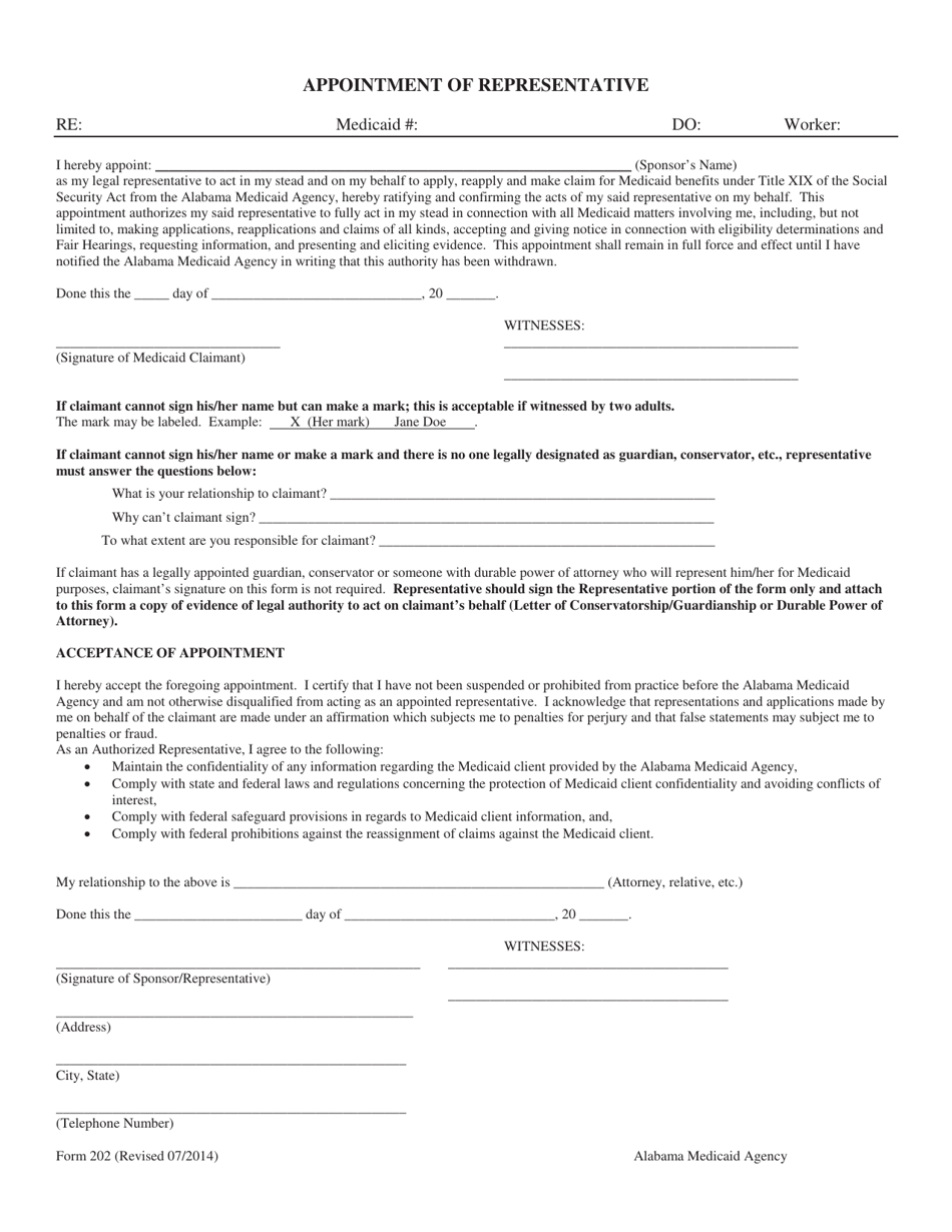 Form 202 Appointment of Representative - Alabama, Page 1