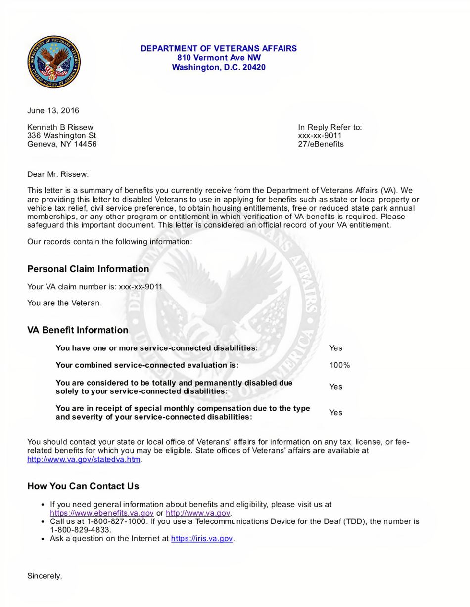 Department of Veterans Affairs (VA) Disability Award Letter Fill Out