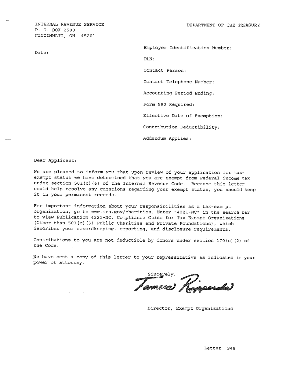 Sample IRS Letter 948, Determination Letter Recognizing Exemption Under IRC 501(A), Page 1