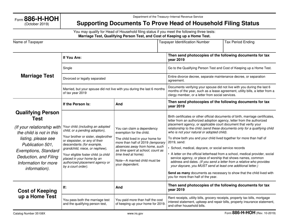 IRS Form 886-H-HOH Supporting Documents to Prove Head of Household Filing Status, Page 1
