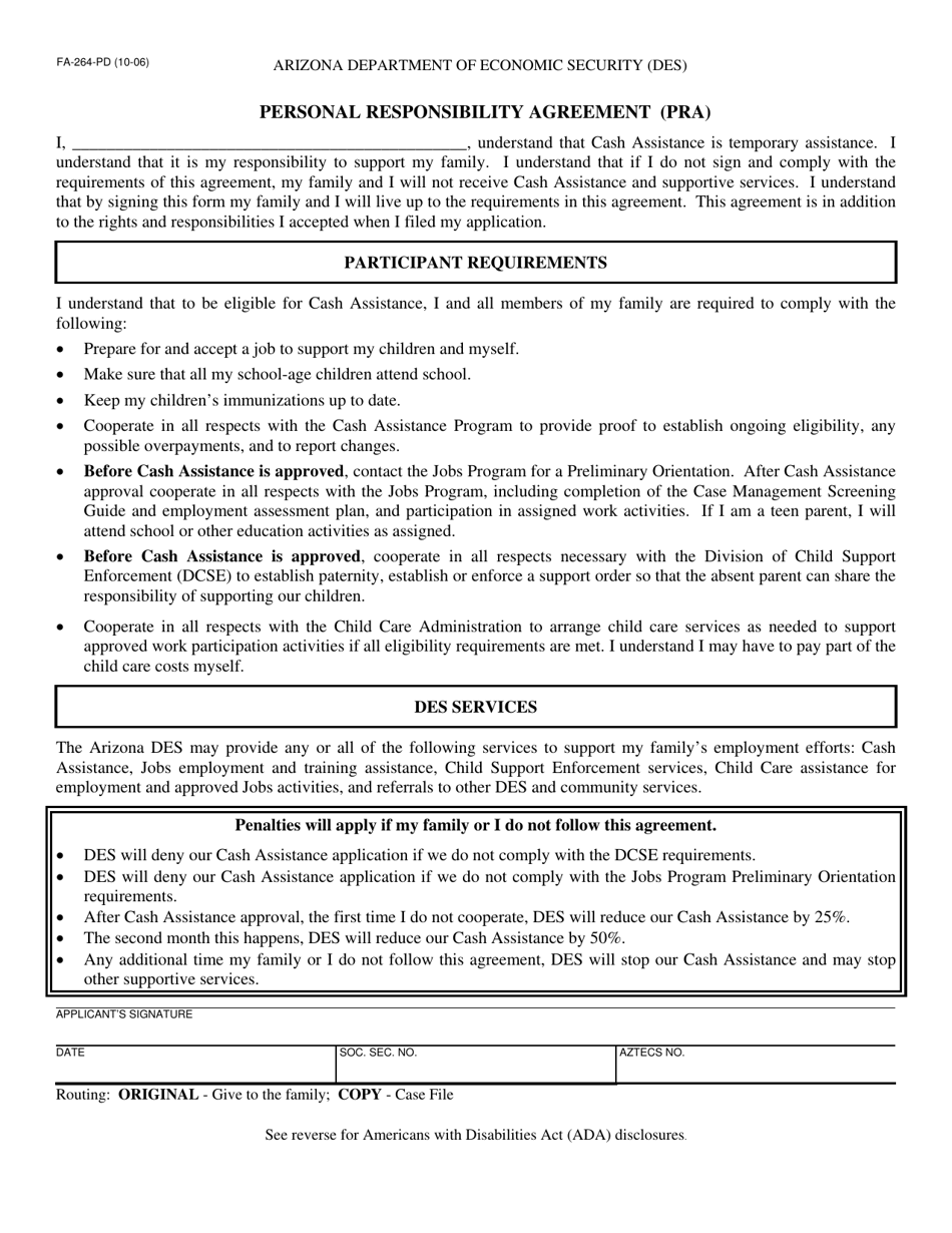 Form FA-264-PD Personal Responsibility Agreement (Pra) - Arizona, Page 1
