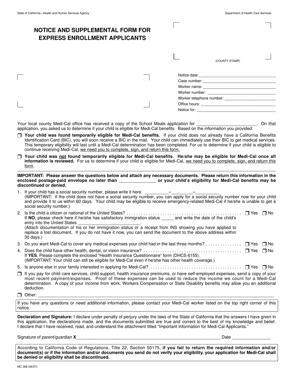 Form MC368 Notice and Supplemental Form for Express Enrollment Applicants - California, Page 1