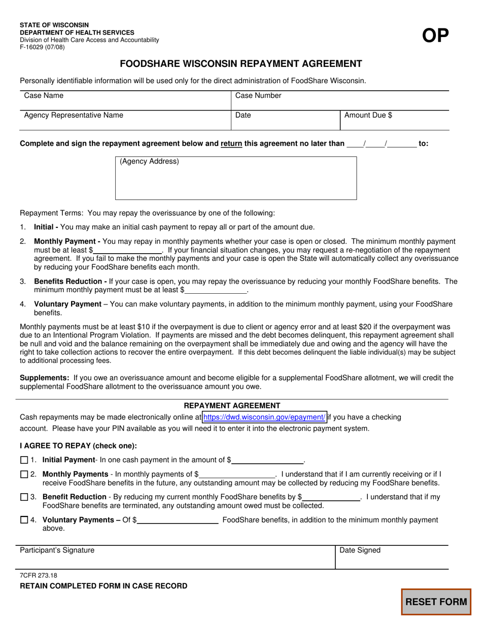 Form F-16029 Foodshare Wisconsin Repayment Agreement - Wisconsin, Page 1