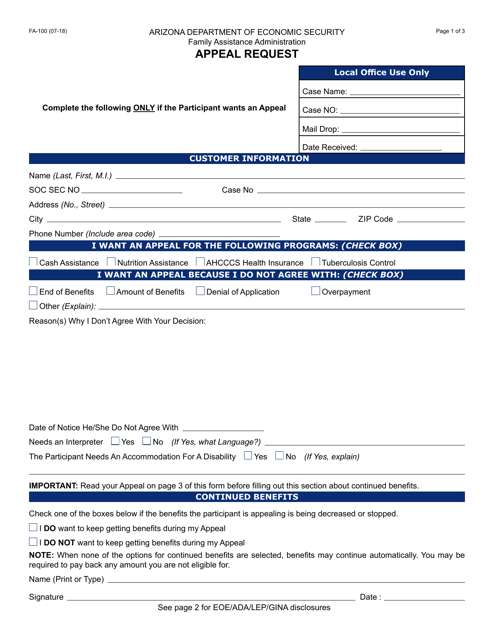 Form FA-100 Appeal Request - Arizona