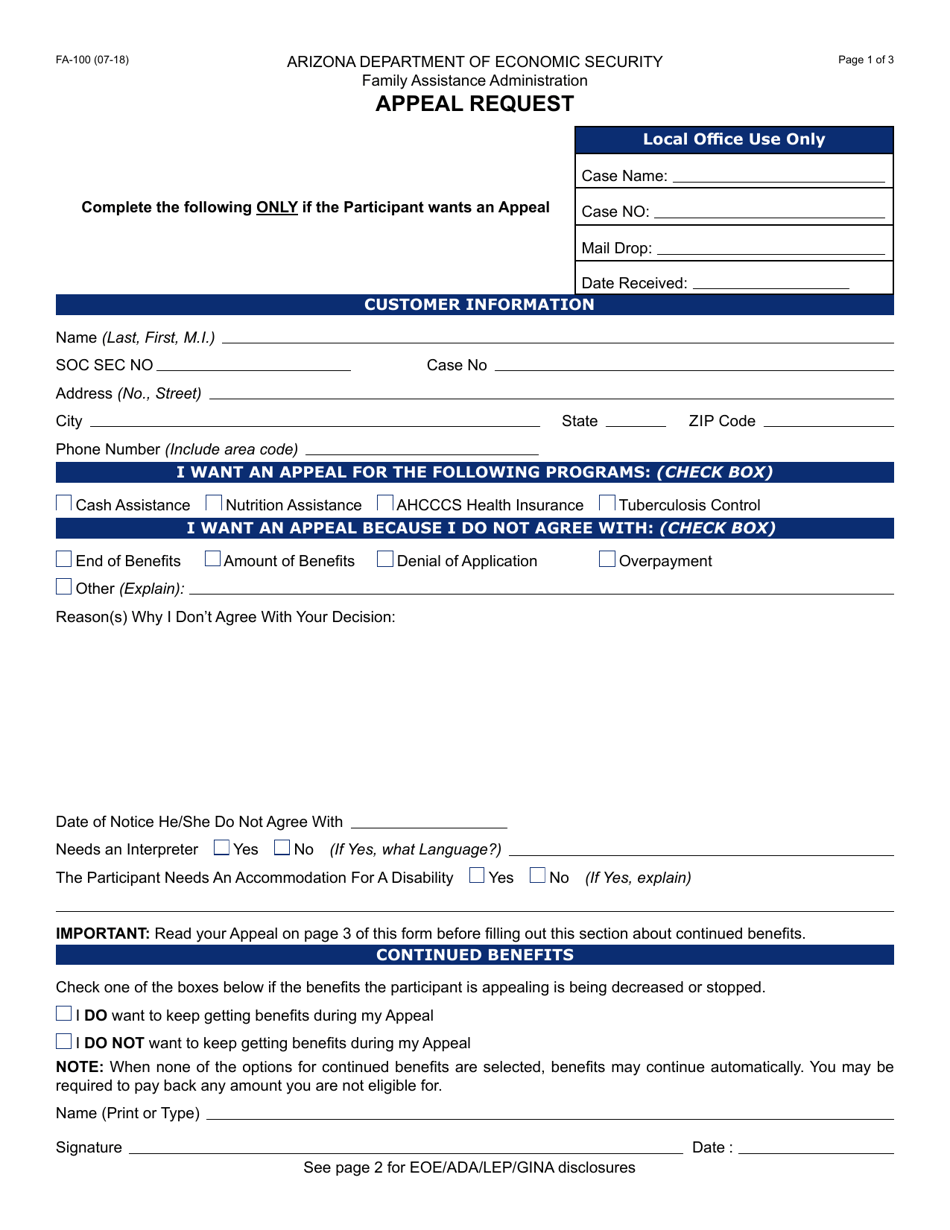 Form FA-100 Appeal Request - Arizona, Page 1