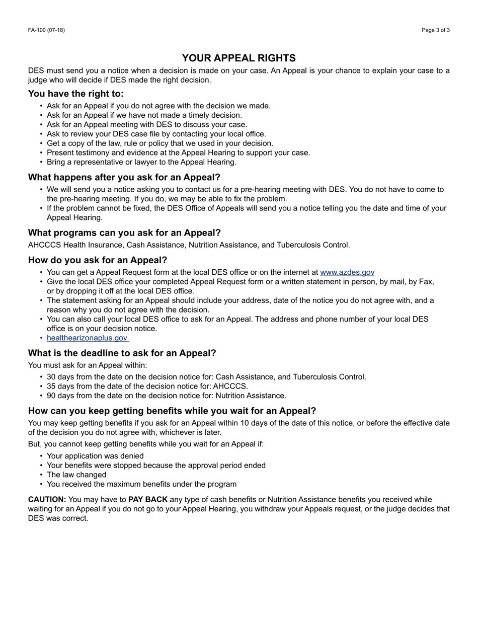 Form FA-100 Appeal Request - Arizona, Page 3