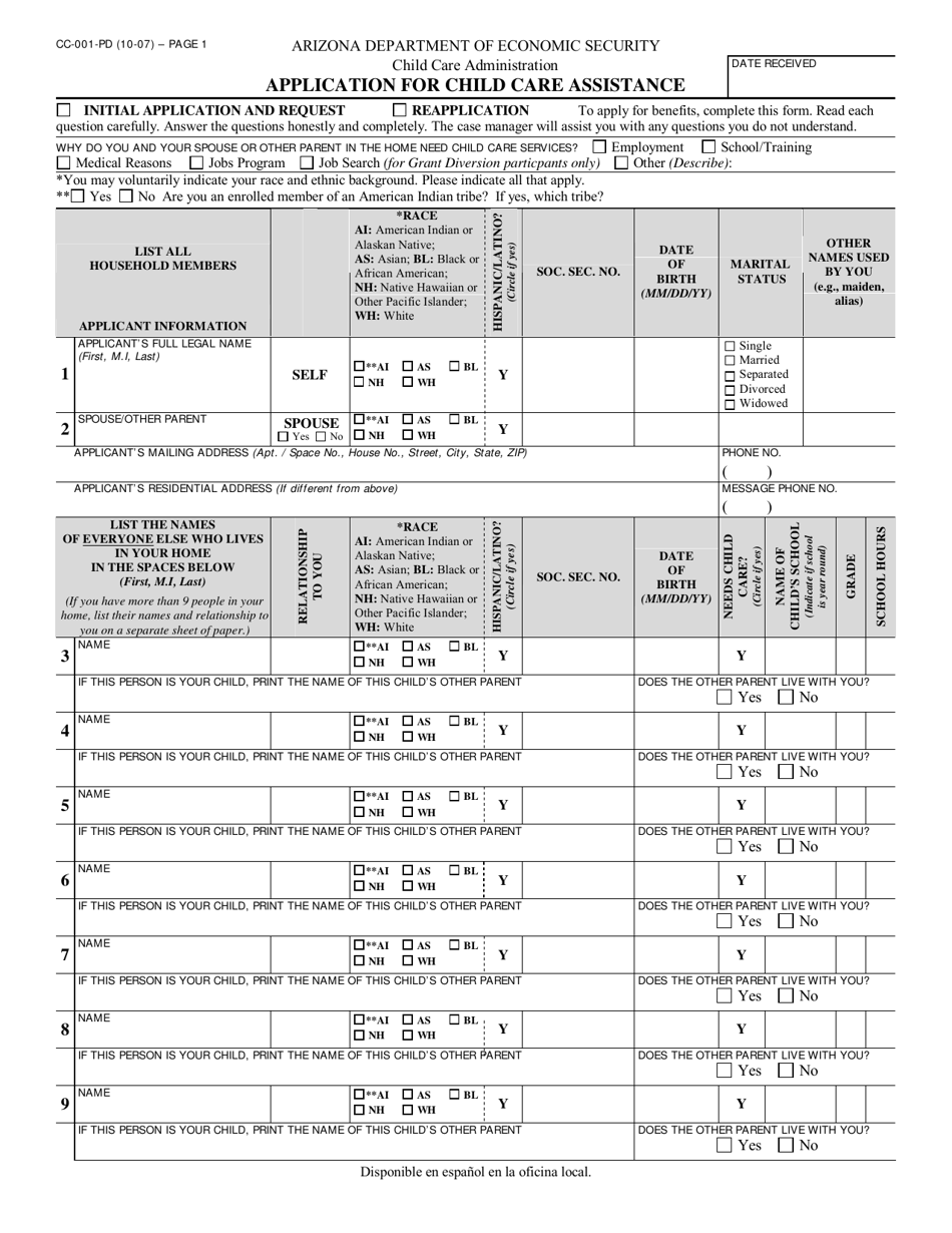 Form CC-001-PD Application for Child Care Assistance - Arizona, Page 1