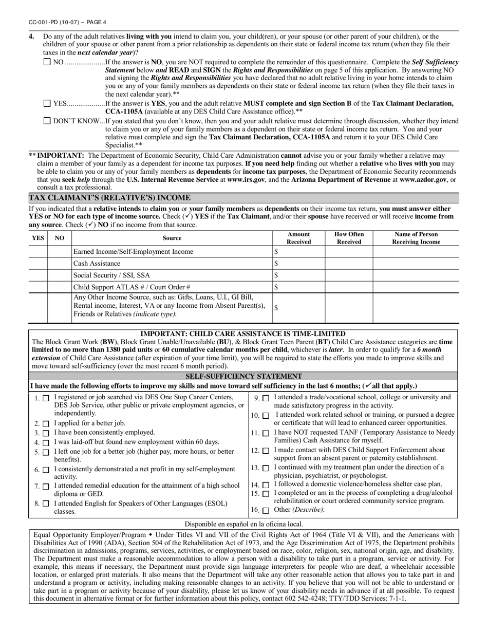 Form CC-001-PD Application for Child Care Assistance - Arizona, Page 4
