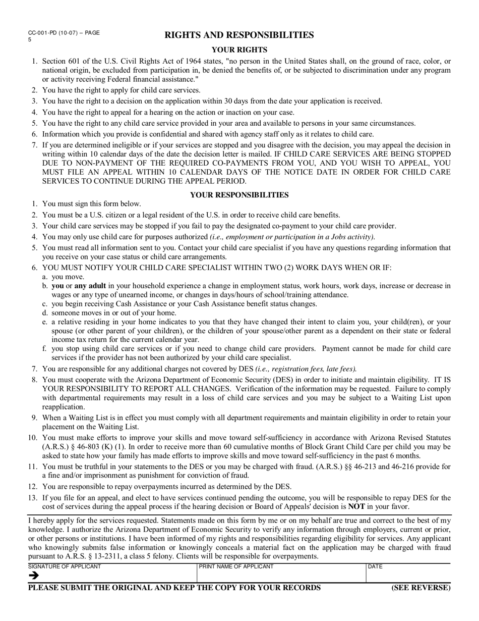 Form CC-001-PD Application for Child Care Assistance - Arizona, Page 5