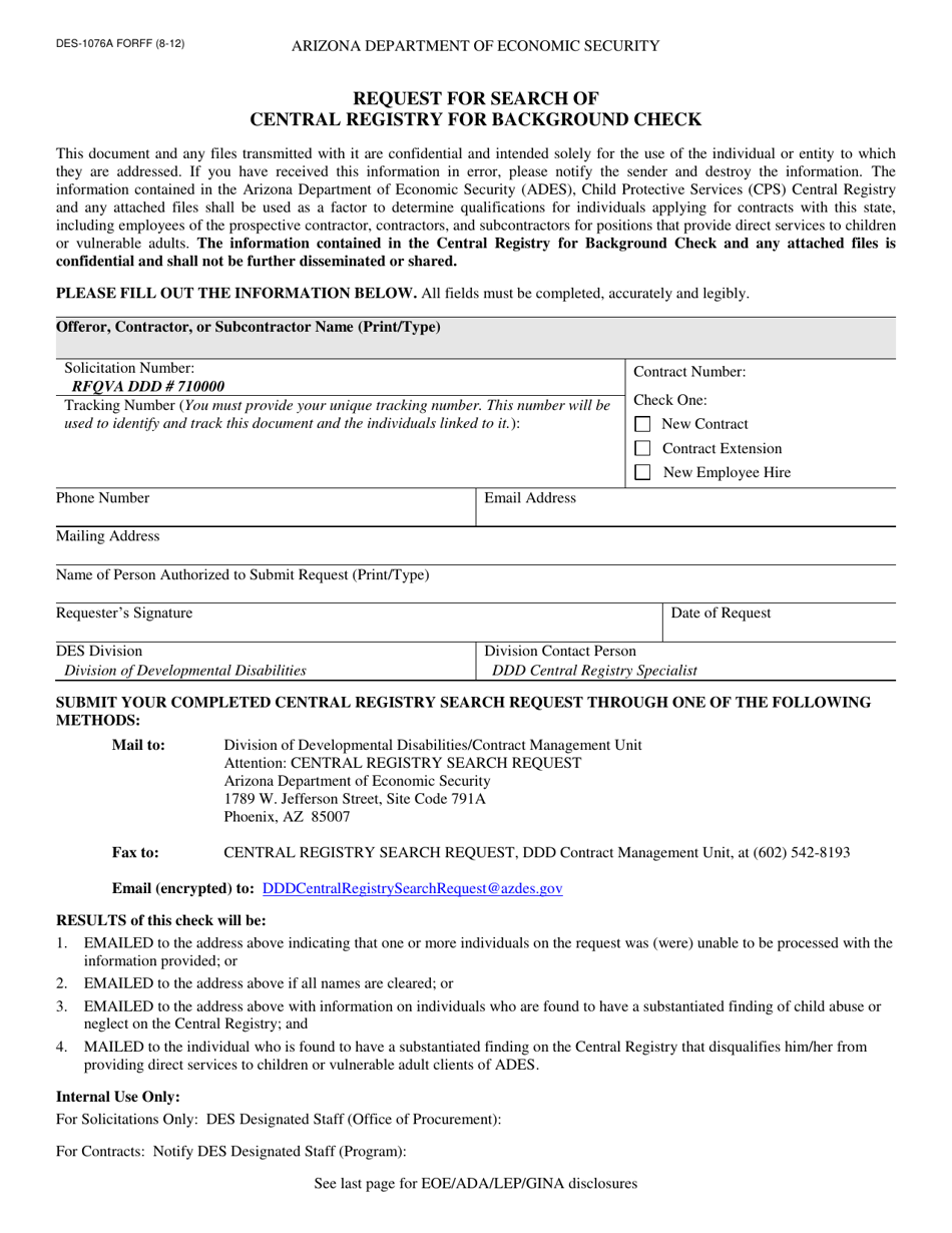 Form DES-1076A Request for Search of Central Registry for Background Check - Arizona, Page 1