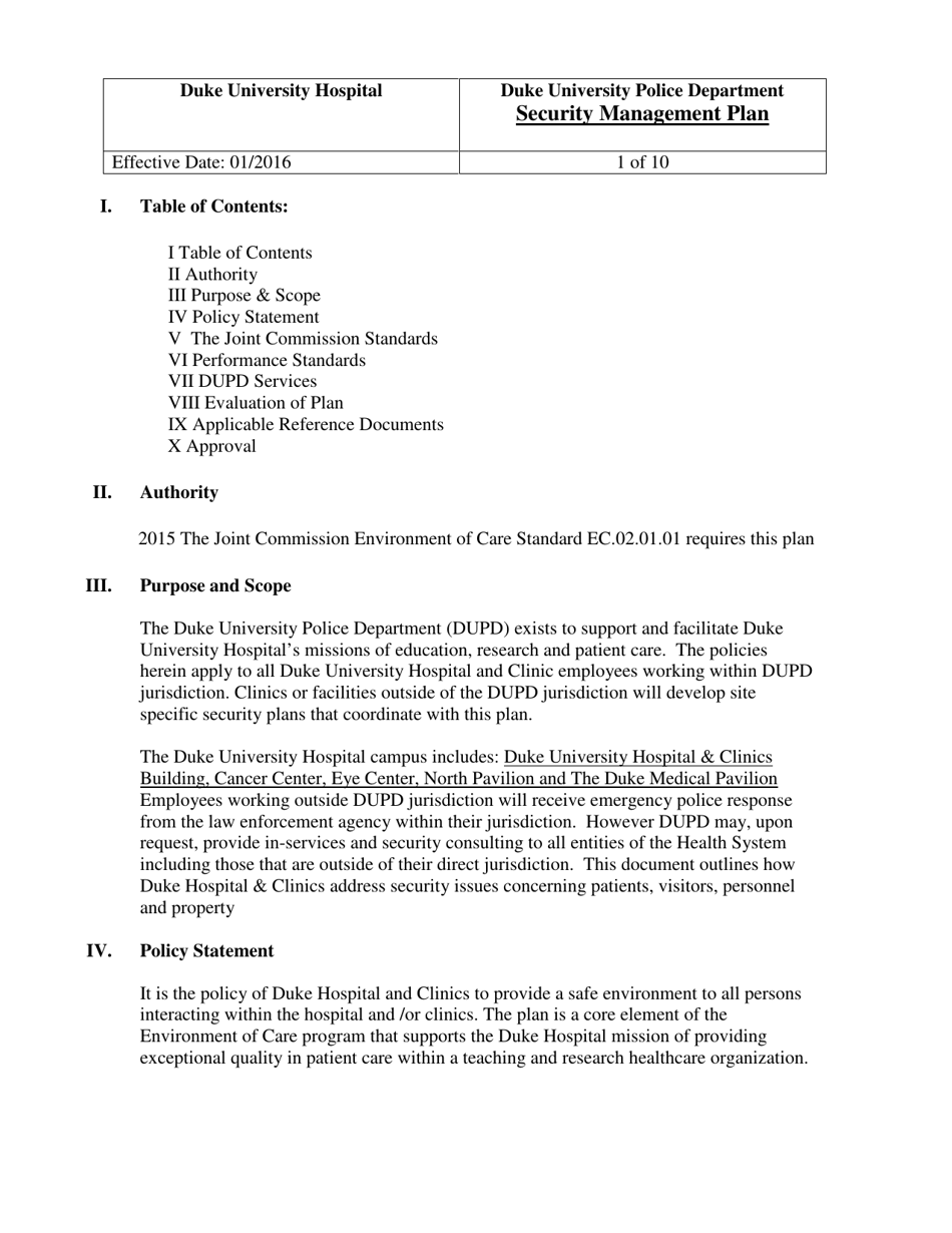 Security Management Plan - Duke University Police Department, Page 1