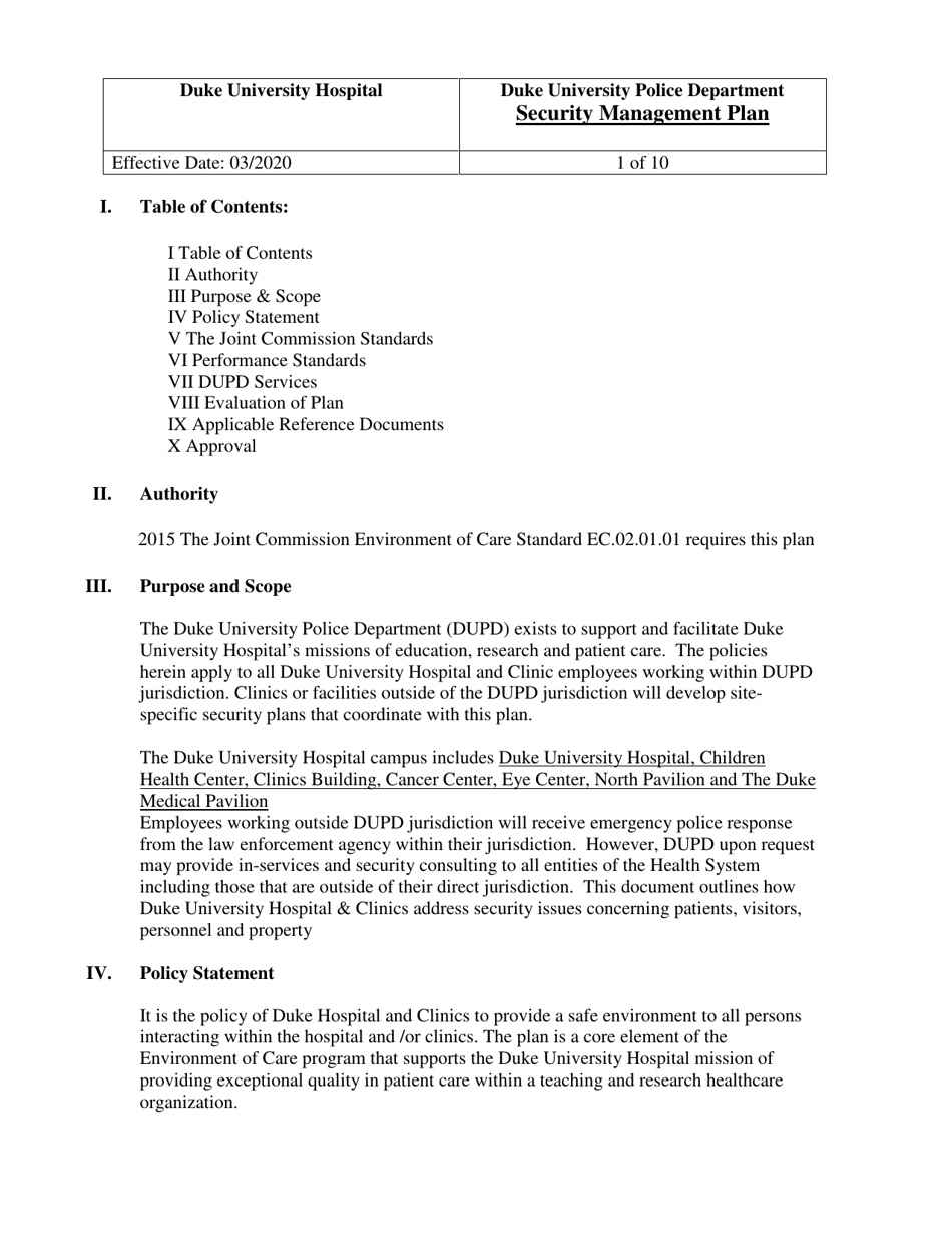 Security Management Plan - Duke University Police Department, Page 1