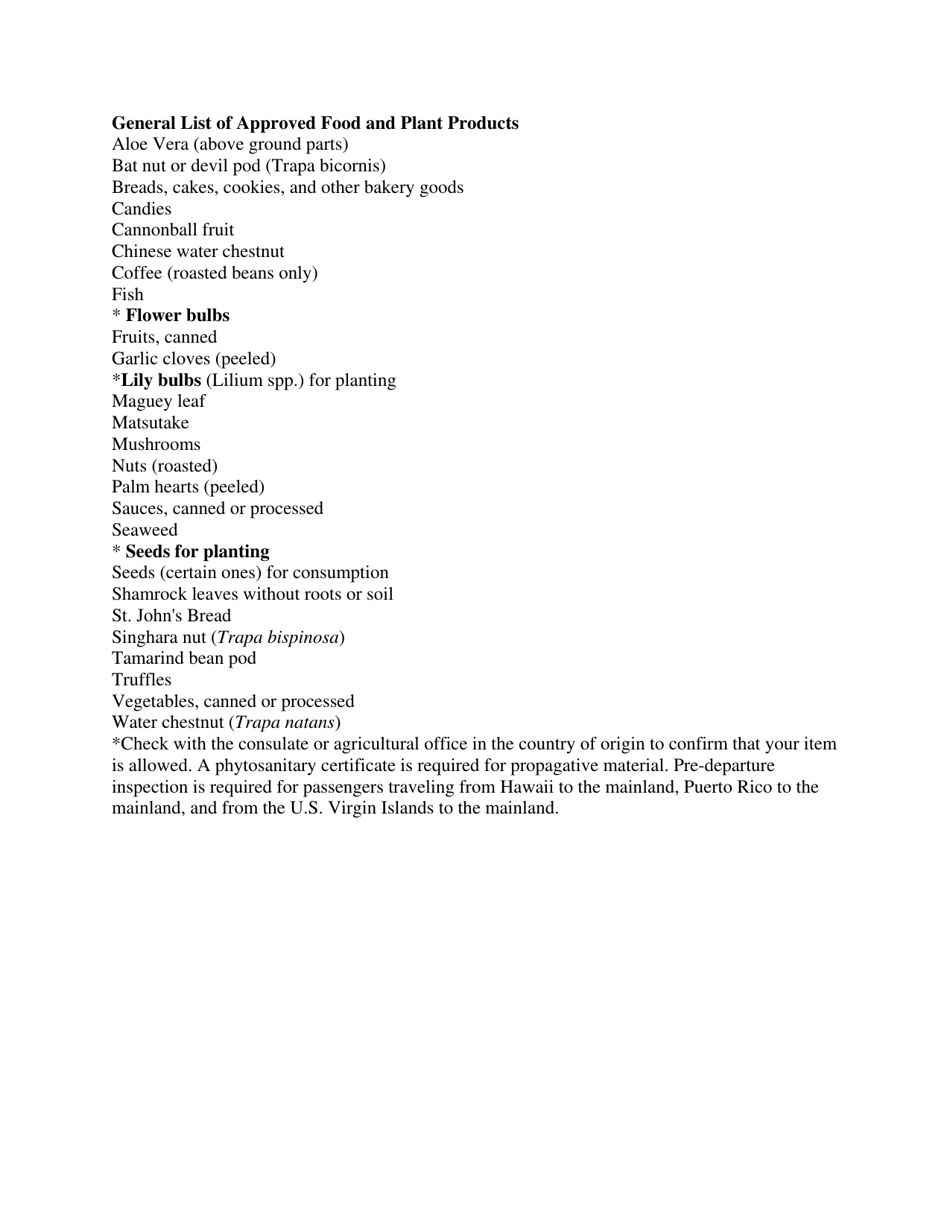 General List of Approved Food and Plant Products, Page 1