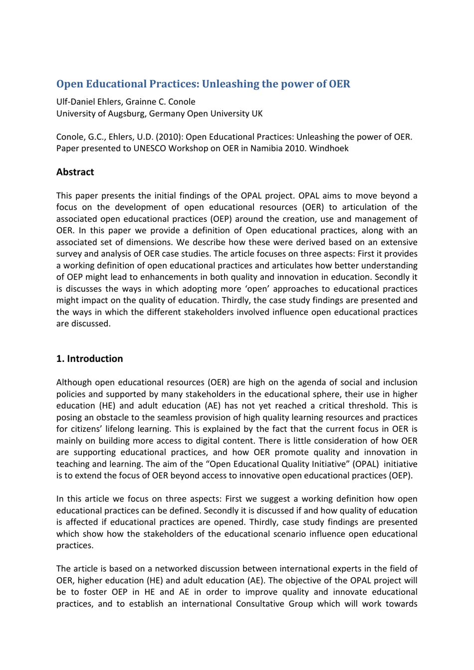 Open Educational Practices Unleashing The Power Of Oer Ulf Daniel Ehlers Grainne C Conole University Of Augsburg Germany Open University Uk Download Printable Pdf Templateroller